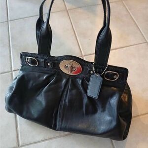 Coach Garnet Black Leather Pleated Handbag with lavender interior